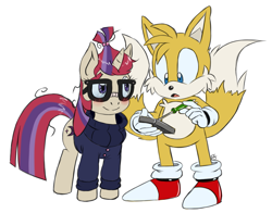 Size: 1125x884 | Tagged: safe, artist:blue-chica, imported from derpibooru, moondancer, blushing, crossover, crossover shipping, glasses, miles "tails" prower, simple background, sonic the hedgehog (series), white background