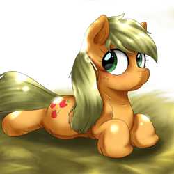 Size: 1000x1000 | Tagged: safe, artist:ushiro no kukan, imported from derpibooru, applejack, earth pony, pony, female, freckles, frown, hatless, loose hair, mare, missing accessory, prone, solo