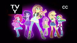 Size: 1920x1080 | Tagged: safe, imported from derpibooru, screencap, applejack, fluttershy, pinkie pie, rainbow dash, rarity, sunset shimmer, equestria girls, friendship games, balloon, boots, bracelet, closed captioning, clothes, female, high heel boots, humane six, jewelry, mane six, skirt, tv rating