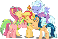 Size: 3500x2325 | Tagged: safe, artist:xebck, edit, imported from derpibooru, vector edit, indigo zap, lemon zest, sour sweet, sugarcoat, sunny flare, sunset shimmer, alicorn, earth pony, pegasus, pony, unicorn, equestria girls, friendship games, magical mystery cure, ^^, a true true friend, alicornified, alternate mane six, alternate universe, element of empathy, element of forgiveness, elements of harmony, equestria girls ponified, eyes closed, group, group hug, happy, ponified, race swap, shadow five, shimmercorn, simple background, smiling, transparent background, vector