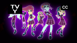 Size: 1920x1080 | Tagged: dead source, safe, imported from derpibooru, screencap, indigo zap, lemon zest, sci-twi, sour sweet, sugarcoat, sunny flare, twilight sparkle, equestria girls, friendship games, closed captioning, clothes, crossed arms, crystal prep academy, crystal prep shadowbolts, shadow five, shadow six, skirt, tv rating, tv-y