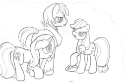 Size: 1182x787 | Tagged: safe, artist:midwestbrony, imported from derpibooru, applejack, big macintosh, trixie, earth pony, pony, female, male, mare, monochrome, shipping, stallion, straight, traditional art, trio, trixmac