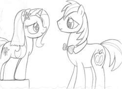 Size: 1181x862 | Tagged: safe, artist:midwestbrony, imported from derpibooru, big macintosh, trixie, earth pony, pony, bowtie, height difference, male, marriage, monochrome, shipping, stallion, straight, traditional art, trixmac, wedding, wedding veil