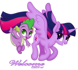 Size: 860x775 | Tagged: safe, artist:ctb-36, imported from derpibooru, spike, twilight sparkle, alicorn, pony, female, mare, simple background, spread wings, transparent background, twilight sparkle (alicorn)