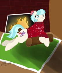 Size: 1094x1280 | Tagged: safe, artist:marcushunter, imported from derpibooru, coco pommel, clothes, female, fireplace, solo, sweater