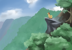 Size: 2000x1400 | Tagged: safe, artist:joan-grace, imported from derpibooru, applejack, earth pony, pony, cliff, cloud, female, hat, mare, mountain, one layer, outdoors, scenery, solo, tree