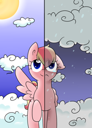 Size: 658x913 | Tagged: safe, artist:cloureed, imported from derpibooru, oc, oc only, pegasus, pony, duality, emotional, happy, raised hoof, sad, solo