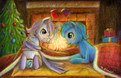 Size: 4492x2897 | Tagged: safe, artist:draltruist, imported from derpibooru, princess celestia, princess luna, alicorn, pony, blanket, cewestia, christmas tree, clothes, female, filly, filly celestia, filly luna, fireplace, horns are touching, pink-mane celestia, present, prone, royal sisters, scarf, socks, sweet dreams fuel, traditional art, tree, woona, younger