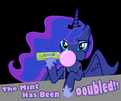 Size: 1000x836 | Tagged: artist needed, safe, imported from derpibooru, princess luna, alicorn, pony, bubblegum, crown, doublemint gum, ethereal mane, female, food, hoof shoes, jewelry, lidded eyes, mare, puffy cheeks, pun, regalia, solo, starry mane, the fun has been bubbled