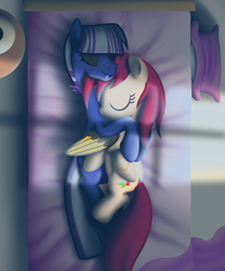 Size: 2998x3598 | Tagged: safe, artist:tsand106, artist:zacatron94, imported from derpibooru, oc, oc only, oc:holly day, oc:midnight wish, bed, bedroom, cuddling, hug, oc x oc, pillow, shipping, sleeping, snuggling