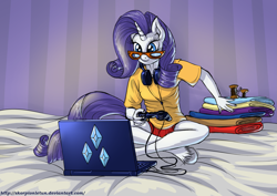 Size: 1915x1355 | Tagged: safe, artist:skorpionletun, imported from derpibooru, rarity, anthro, unguligrade anthro, bed, computer, controller, crossed legs, fabric, female, gamer, gamer rarity, glasses, headphones, laptop computer, rarigamer, solo, unshorn fetlocks, video game