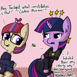 Size: 916x916 | Tagged: safe, artist:tjpones, imported from derpibooru, moondancer, twilight sparkle, pony, unicorn, butt joke, clothes, constellation, costume, cute, dancerbetes, dialogue, duo, female, glasses, mare, missing horn, oblivious, open mouth, sweater, twiabetes, twilight is not amused, twilight sparkle is not amused, unamused