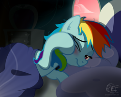Size: 2000x1600 | Tagged: safe, artist:ponyecho, imported from derpibooru, part of a set, rainbow dash, pegasus, pony, bed, bed hair, bedroom, blanket, blushing, cute, dashabetes, female, laying on bed, lidded eyes, lying on bed, mare, messy mane, morning ponies, one eye closed, pillow, ponyecho is trying to murder us, rainbow dash's bedroom, rainbow dash's house, show accurate, signature, sleepy, solo, sunrise