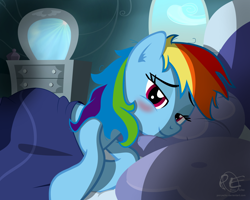 Size: 2000x1600 | Tagged: safe, artist:ponyecho, imported from derpibooru, part of a set, rainbow dash, pegasus, pony, bed, bed hair, bedroom, blanket, blushing, cute, dashabetes, female, lidded eyes, looking at you, mare, messy mane, morning ponies, offscreen character, pillow, ponyecho is trying to murder us, pov, rainbow dash's bedroom, rainbow dash's house, show accurate, signature, smiling, solo