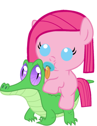 Size: 786x1017 | Tagged: safe, artist:red4567, imported from derpibooru, gummy, pinkie pie, pony, baby, baby pie, baby pony, cute, cuteamena, pacifier, pinkamena diane pie, pinkie pie riding gummy, ponies riding gators, recolor, riding, weapons-grade cute