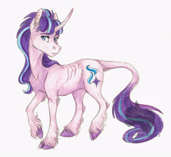 Size: 3288x3018 | Tagged: safe, artist:biakela, imported from derpibooru, starlight glimmer, classical unicorn, pony, unicorn, cloven hooves, curved horn, cutie mark, female, fluffy, leonine tail, mare, scar, simple background, solo, tail, traditional art, unshorn fetlocks, white background