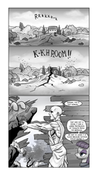 Size: 665x1207 | Tagged: safe, artist:pencils, imported from derpibooru, marble pie, maud pie, oc, oc:anon, earth pony, human, pony, comic:anon's pie adventure, awesome, barn, comic, female, holy shit, human male, male, mare, monochrome, super strength