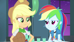 Size: 1022x576 | Tagged: safe, imported from derpibooru, screencap, applejack, rainbow dash, equestria girls, rainbow rocks, shake your tail, female, pouting