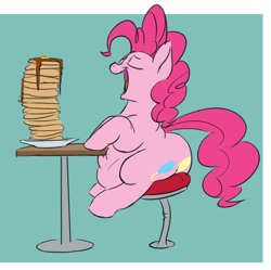 Size: 802x800 | Tagged: safe, artist:calorie, imported from derpibooru, pinkie pie, earth pony, pony, belly, butt, chubby, eyes closed, fat, female, food, obese, open mouth, pancakes, piggy pie, plot, pudgy pie, sitting, smiling, solo, stool, table