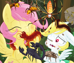 Size: 2000x1700 | Tagged: safe, artist:equestria-prevails, imported from derpibooru, angel bunny, fluttershy, arachnid, centipede, hornet, insect, japanese giant hornet, millipede, orb weaver spider, pegasus, pony, scorpion, spider, wasp, wolf spider, yellowjacket, accurate arthropod anatomy, adoracreepy, alternate hairstyle, arachnophobia, arthropod, baby spider, blushing, creepy, creepy crawlies, cute, do not want, duo, emperor scorpion, entomophobia, eyes closed, fear, featured image, female, forest, forest background, hilarious in hindsight, hive, jesus christ how horrifying, love, male, nightmare fuel, ponified, ponified pony pets, realistic arthropods, scientifically accurate, shyabetes, species swap, spider web, sweat, that pony sure does love animals, tree, varying degrees of want, wasp nest, wavy mouth