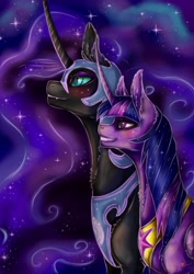 Size: 752x1063 | Tagged: safe, artist:1cassar, imported from derpibooru, nightmare moon, twilight sparkle, alicorn, pony, alternate universe, female, luna is palpatine, mare, regalia, twilight is anakin, twilight sparkle (alicorn)