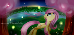 Size: 4724x2244 | Tagged: safe, artist:scarlett-letter, imported from derpibooru, fluttershy, firefly (insect), pony, female, night, solo, wondering