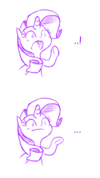 Size: 650x1156 | Tagged: safe, artist:raridashdoodles, edit, imported from derpibooru, rarity, pony, ..., :o, :t, bust, can't argue with that, cropped, cute, exclamation point, female, frown, meme, monochrome, open mouth, raised hoof, raribetes, reaction image, simple background, solo, underhoof, white background, wide eyes