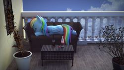 Size: 1920x1080 | Tagged: safe, artist:cumill11, deleted from derpibooru, imported from derpibooru, rainbow dash, 3d, balcony, blender, bottle, chair, cloud, coca-cola, coke bottle, ponies in real life, potted plant, sleeping, solo