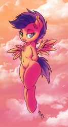 Size: 536x1000 | Tagged: safe, artist:dfectivedvice, artist:firebird145, imported from derpibooru, scootaloo, belly button, chest fluff, cloud, female, flying, looking at you, scootaloo can fly, solo, sunset