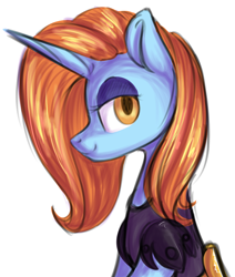 Size: 1024x1210 | Tagged: safe, artist:starlyfly, artist:starlyflygallery, imported from derpibooru, sassy saddles, pony, unicorn, clothes, female, lidded eyes, looking at you, profile, simple background, smiling, solo, white background