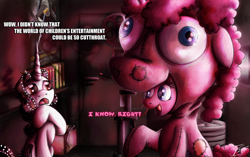 Size: 1250x783 | Tagged: safe, artist:jamescorck, imported from derpibooru, pinkie pie, oc, oc:movie slate, clothes, costume, death to smoochie, pinkie costume, pony costume