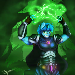 Size: 1600x1600 | Tagged: safe, artist:jamesjackobgermany, imported from derpibooru, oc, oc only, oc:bracket, anthro, unicorn, anthro oc, armor, corrupted, evil grin, magic, muscles, solo