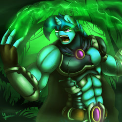 Size: 1600x1600 | Tagged: safe, artist:jamesjackobgermany, imported from derpibooru, oc, oc only, oc:bracket, anthro, unicorn, abs, anthro oc, armor, barbarian, corrupted, muscles, solo, vein, wardrobe malfunction, yelling
