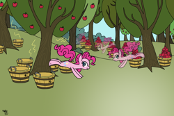 Size: 1024x683 | Tagged: safe, artist:galefeather, imported from derpibooru, pinkie pie, apple tree, applebucking, fanfic art, female, pinkie personalities, solo, tree