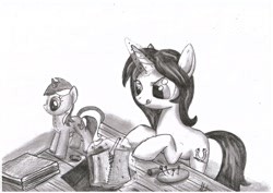 Size: 2685x1899 | Tagged: safe, artist:novich, imported from derpibooru, lyra heartstrings, oc, pony, unicorn, grayscale, monochrome, needle, needlewoman, plushie, pony plush, pony plushie, seamstress, sewing, simple background, solo, traditional art, white background