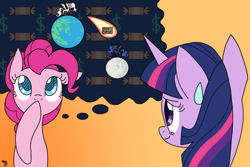 Size: 1024x683 | Tagged: safe, artist:galefeather, imported from derpibooru, care package, nightmare moon, pinkie pie, princess celestia, princess luna, special delivery, twilight sparkle, banishment, fanfic art, moon, pinkie personalities, sweat, thought bubble