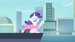 Size: 1280x720 | Tagged: safe, imported from derpibooru, screencap, rarity, pony, unicorn, rarity takes manehattan, city, cityscape, clothes, female, manehattan, mare, scarf, solo