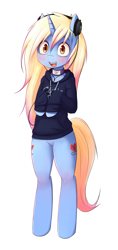 Size: 900x1900 | Tagged: safe, artist:hoodie, imported from derpibooru, oc, oc only, oc:angelic grace, pony, semi-anthro, unicorn, bipedal, clothes, collar, cute, featureless crotch, female, headphones, hoodie, ocbetes, simple background, solo, white background