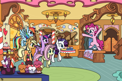 Size: 1024x683 | Tagged: safe, artist:galefeather, imported from derpibooru, applejack, fluttershy, pinkie pie, rainbow dash, rarity, twilight sparkle, alicorn, pony, fanfic art, female, mane six, mare, pinkie personalities, sugarcube corner, twilight sparkle (alicorn)