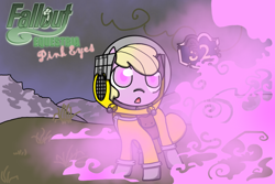 Size: 1024x683 | Tagged: safe, artist:galefeather, imported from derpibooru, oc, oc only, oc:puppysmiles, earth pony, pony, fallout equestria, fallout equestria: pink eyes, fanfic, fanfic art, female, filly, foal, hazmat suit, hooves, open mouth, pink cloud (fo:e), route 52, saddle bag, solo, text