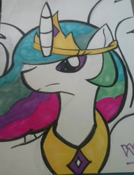 Size: 1024x1330 | Tagged: safe, artist:tiredgrouchysquid, imported from derpibooru, princess celestia, alicorn, pony, bust, female, horn, jewelry, mare, portrait, regalia, solo, traditional art