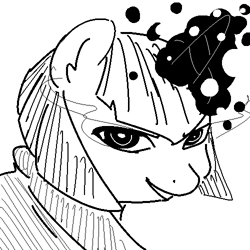 Size: 500x500 | Tagged: safe, artist:nobody, imported from derpibooru, oc, oc only, oc:necropone, cyoa, cyoa:necroquest, dark magic, grin, magic, monochrome, portrait, sketch, solo, sombra eyes