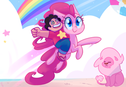 Size: 1024x709 | Tagged: safe, artist:meekcheep, imported from derpibooru, pinkie pie, alien, big cat, earth pony, human, hybrid, lion, pony, beach, beach ball, clothes, crossover, eyes closed, female, humans riding ponies, lion (steven universe), mare, rainbow, riding, sand, sandals, steven quartz universe, steven universe, trio, xk-class end-of-the-world scenario