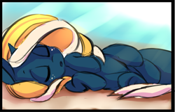 Size: 1073x693 | Tagged: safe, artist:starshinebeast, imported from derpibooru, oc, oc only, oc:tidal charm, aquapony, :o, cute, eyes closed, female, filly, foal, freckles, on side, seaunicorn, side, sleeping, solo, tired