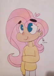 Size: 913x1290 | Tagged: safe, artist:thalamanders, imported from derpibooru, fluttershy, human, clothes, color correction, female, humanized, simple background, solo, sweater, sweatershy, traditional art, turtleneck