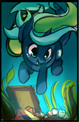 Size: 694x1072 | Tagged: safe, artist:starshinebeast, imported from derpibooru, oc, oc only, oc:tidal charm, aquapony, diving, female, filly, foal, seaunicorn, solo, swimming, treasure, underwater