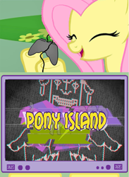 Size: 749x1024 | Tagged: safe, imported from derpibooru, fluttershy, pegasus, pony, controller, exploitable meme, eyes closed, female, fs doesn't know what she's getting into, gamershy, mare, meme, obligatory pony, open mouth, pony island, pony island (game by daniel mullins), smiling, this will end in tears, tv meme