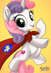 Size: 955x1351 | Tagged: safe, artist:mysticalpha, imported from derpibooru, sweetie belle, backwards cutie mark, cape, clothes, cmc cape, cutie mark, female, solo, the cmc's cutie marks