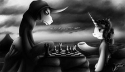 Size: 1250x722 | Tagged: safe, artist:jamescorck, imported from derpibooru, oc, oc:movie slate, alicorn, pony, alicornified, chess, chess with death, chessboard incorrectly oriented, crossover, grim reaper, ponified, the seventh seal