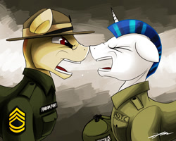 Size: 1280x1024 | Tagged: safe, artist:gasmaskfox, imported from derpibooru, shining armor, abuse, alternate hairstyle, angry, boop, buzzcut, drill sergeant, gunnery sergeant, noseboop, ponified, shiningabuse, war face, yelling